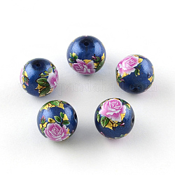 Rosenblumenmuster runden Glasperlen gedruckt, Nachahmung Perlen, Magenta, 11~12x11 mm, Bohrung: 1.5 mm