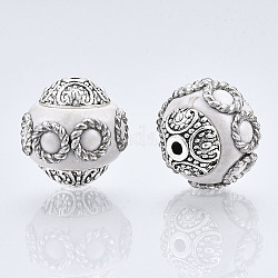 Perles rondes d'indonésie manuelles, avec des noyaux en alliage, argent antique, fumée blanche, 14~15x15mm, Trou: 1.5mm