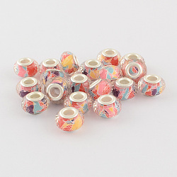 Large Hole Printed Acrylic European Beads, with Silver Tone Brass Double Cores, Faceted Rondelle, Orange, 14x9mm, Hole: 5mm
