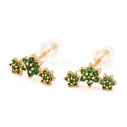 Brass Micro Pave Cubic Zirconia Stud Earrings, Real 18K Gold Plated, Flower, Green, 6.5x12.5mm, Pin: 1mm