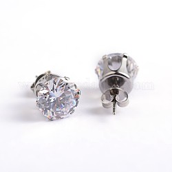 Flat Round 304 Stainless Steel Cubic Zirconia Stud Earrings, Clear, 5mm, Pin: 0.9mm