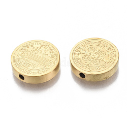 Vakuumbeschichtung von 304 Edelstahlperlen, flache Runde mit Heiligen Benedikt Medaille, golden, 14.5x3 mm, Bohrung: 2 mm