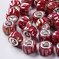Undurchsichtiges Harz europäische Perlen, Großloch perlen, mit silberner Farbe überzogen Messingdoppelkerne, facettiert, ab Farbe plattiert, Kolumne, rot, 11.5x8 mm, Bohrung: 5 mm