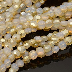 Electroplate Opalite Flat Round Beads Strands, Faceted, Half Rainbow Color Plated, Pale Goldenrod, 6x4mm, Hole: 1mm, about 72pcs/strand, 15.3inch