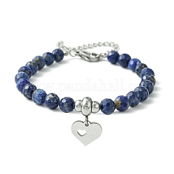 Lapis naturelles bracelets de perles lazuli, Bracelets à breloques en acier inoxydable coeur 304 pour femmes, 7 pouce (17.9 cm)