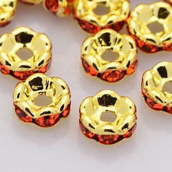 Perles séparateurs en laiton avec strass, Grade a, bord ondulé, métal couleur or, rondelle, jacinthe, 8x3.8mm, Trou: 1mm