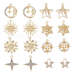 Superrisultati 32 pz 8 pendenti in lega di stile, con strass e abs di plastica imitazione perla, stelle & luna & sole, oro chiaro, 4pcs / style