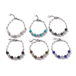 Rundes Perlenarmband aus gemischten Steinen für Mädchen und Frauen, Edelstahl Farbe, 7-1/2~7-5/8 Zoll (19~19.5 cm)