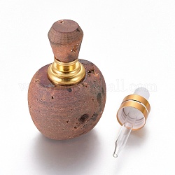 Botella de perfume electrochapada de ágata natural druzy que se puede abrir, con cuentagotas de vidrio y fornituras de latón, dorado, 61~64.5x40~41x32~33mm, tubo: 53~54x15.5 mm, capacidad: 2ml (0.07 fl. oz)
