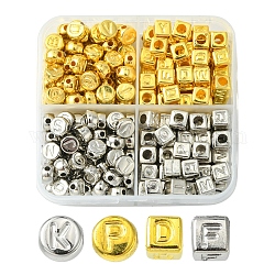 CCB Plastic Beads, Horizontal Hole, Flat Round/Cube with Letter, Platinum & Golden, 6~7x6~7x4~6mm, Hole: 1.4~3mm, 244pcs/box