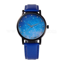 Damenlegierung Pu Leder Quarz Armbanduhren, mit Strass-Steinen, Metallgrau plattierte, Blau, 240x18 mm, Uhr-Kopf: 39.5x10.5, Uhr-Gesicht: 35 mm