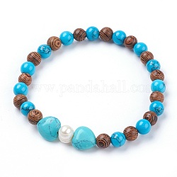 Synthetic Turquoise(Dyed) Stretch Bracelets, with Grade B Pearl Beads and Wood Beads, 2 inch(5.2cm)~2-1/8 inch(5.4cm)