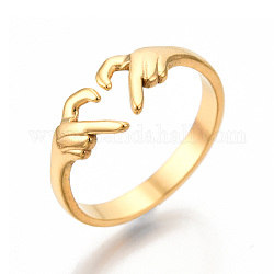 Chapado de iones (ip) 304 acero inoxidable mano corazón puño anillos, anillos abiertos para mujeres niñas, real 18k chapado en oro, nosotros tamaño 6 (16.7 mm)