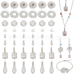 PandaHall Elite 40Pcs 5 Style Hollow Iron & 24Pcs 3 Style Alloy Wire Bead Cage Pendants, Spiral Bead Cage, Teardrop & Spiral & Ring & Round, Platinum, 14~37x9.5~12mm, Hole: 2~11mm, 8pcs/style
