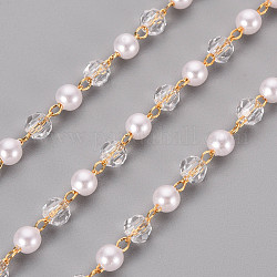 Chaînes perlées de perles d'imitation en plastique ABS faites à la main, avec les accessoires de zircone et en laiton cubes, soudé, bobine, véritable 18k plaqué or, 4mm, environ 16.4 pied (5 m)/rouleau