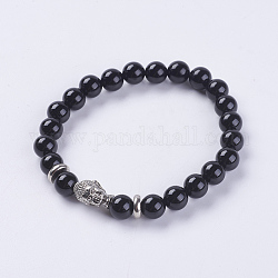 Natürliche schwarze Achat Perlen Stretch-Armbänder, mit Alu-Befund, Buddhas Kopf, gefärbt, 2-1/8 Zoll (55 mm)