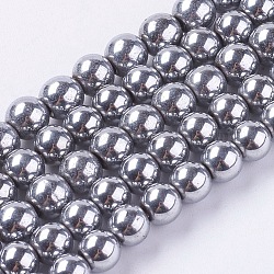 Chapelets de perles en hématite synthétique magnétique, ronde, Plaqué Argent, taille: environ 6mm de diamètre, trou: 1 mm, Environ 68 pcs/chapelet