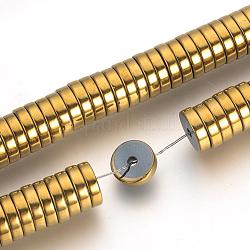 Galvanoplastia perlas de hematita sintéticas no magnéticas espaciadores hilos, abalorios heishi, Disco redondo plano, oro chapado, 8x2mm, agujero: 1.5 mm, aproximamente 179~180 pcs / cadena, 15.7 pulgada
