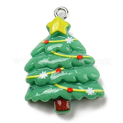 Pendentifs en résine opaque, Breloques de Noël avec boucles en fer plaqué platine, verte, arbre de Noël, 29x21x7mm, Trou: 2mm