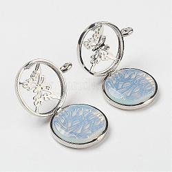 Opalite Pendants, with Brass Diffuser Locket Findings, Flat Round with Butterfly, 31x26x8mm, Hole: 4mm