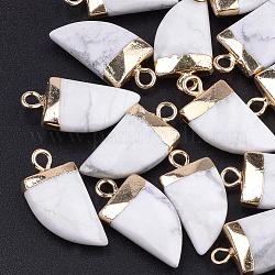 Natural Howlite Pointed Pendants, with Brass Findings, Faceted, Tusk Shape, Golden, White, 21x11x5.5mm, Hole: 2mm