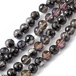 Transparentes perles de verre de galvanoplastie brins, facetté (96 facettes), ronde, demi-plaqué, noir, 7.5~8x7mm, Trou: 1.2mm, Environ 70~72 pcs/chapelet, 20.08~20.47 pouce (51~52 cm)