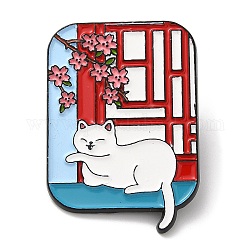 Spilla smaltata a tema città proibita e gatto in stile cinese, spilla in lega di zinco nera per vestiti da zaino, bianco, 36x25x2mm