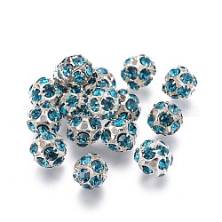 Messing Legierung Strass Perlen, mit Eiseneinkern, Klasse A, silberfarben plattiert, Runde, Blau Zirkonia, 8 mm in Durchmesser, Bohrung: 1 mm