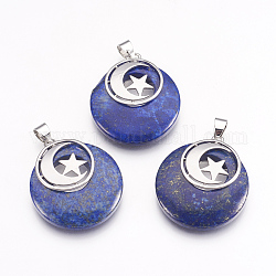 Pendentifs en lapis lazuli naturel, avec les accessoires en laiton de tonalité de platine, plat rond avec la lune et étoile, 32x28x7mm, Trou: 4x5mm