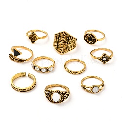 Conjuntos de anillos de dedo de aleación de zinc, para mujeres, rombo y triángulo y flecha y redondo plano y pluma, oro antiguo, 1.5~20mm, diámetro interior: 14.7~18.1 mm, 10 PC / sistema