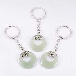 Porte-clés aventurine vert naturel, avec porte-clés en fer plaqué platine et accessoires en alliage, plat rond, 84mm