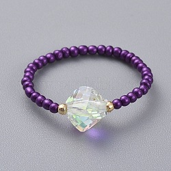 (vente d'usine de fêtes de bijoux) perles de rocaille en verre anneaux extensibles, avec des perles de strass en verre plaqué électrolytique k9 à facettes, cône, bleu violet, taille 10, 20mm