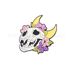 Broches émaillées en alliage, crâne avec fleur, colorées, 28x23mm