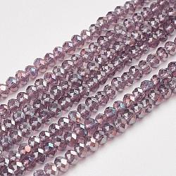 Abalorios de vidrio electroplate hebras, color de ab chapado, facetados, rerondana plana, púrpura medio, 3x2mm, agujero: 1 mm, aproximamente 165~169 pcs / cadena, 15~16 pulgada (38~40 cm)