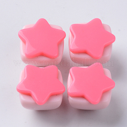 Opaque Acrylic Beads, Two Tone, with Star Flat Plate, Half Drilled, Pyramid, Hot Pink, 16~17x16x13.5mm, Half Hole: 3.5mm