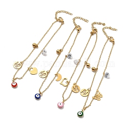 Enamel Evil Eye & Cubic Zirconia & 304 Stainless Steel Charms Anklet, Word Love Anklet for Women, Golden, Mixed Patterns, Pendant: 9.5~11x11~13x0.7~1mm, 8-7/8 inch(22.5cm)