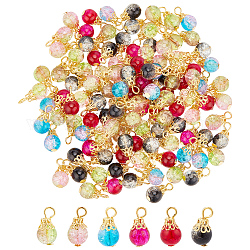 DICOSMETIC 150Pcs Crackle Glass Charms with Iron Findings Colorful Crystal Dangle Charms Small Round Drop Beads Charms with Golden Flower Beads Cap for Jewelry Making, Hole: 2.5mm