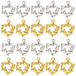 SUNNYCLUE 60Pcs 2 Colors Tibetan Style Alloy Pendants, Dolphin Charm, Platinum & Golden, 15x20mm, about 30pcs/color