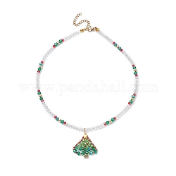 Colliers de perles en verre, Collier pendentif arbre de Noël tressé en perles de mer pour femme, verte, 15-1/2 pouce (39.5 cm)