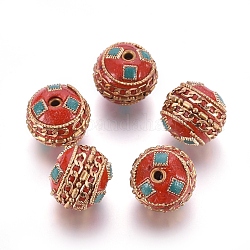 Perline  indonesia fatto a mano, con accessori di ottone, tondo, grezzo (non placcato), rosso, 17~17.5x15~16mm, Foro: 1.6 mm