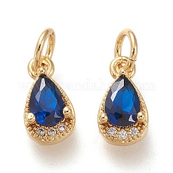 Brass Micro Pave Clear Cubic Zirconia Charms, with Jump Rings, Long-Lasting Plated, Real 18K Gold Plated, Teardrop, Blue, 10.5x5.5x3.5mm, Hole: 3.4mm