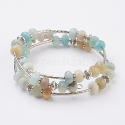 Natural Flower Amazonite Beads Wrap Bangles, 3-Loop, with Tibetan Style Bead, Tibetan Style Alloy Spacer and Brass Tube Bead, 2-1/8 inch(54mm)