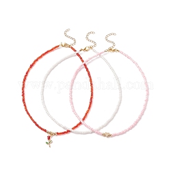 3 stücke 3 stil glas samen & messing herz perlen halsketten set, Legierungs-Emaille-Rosen-Charme-Halsketten für Frauen, rot, 14.49 Zoll (36.8 cm), 1pc / style