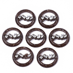 Cellulose Acetate(Resin) Pendants, with Micro Pave Cubic Zirconia, Flat Round, Saddle Brown, 26x6mm, Hole: 1.4mm