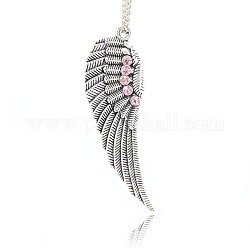 Chapado en plata antigua ala aleación de los colgantes grandes, con diamantes de imitación, rosa luz, 52x17x2mm, agujero: 2 mm
