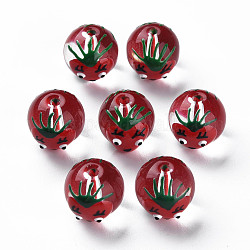 Perles de verre émaillées transparentes, rond à la tomate, rouge foncé, 13.5~14x12~12.5x11.5mm, Trou: 1.6~2mm