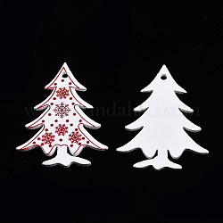 Christmas Spray Painted Wood Big Pendants, with Single-Sided Printed, Christmas Tree Charm with Snowflake Pattern, White, 58.5x46x3mm, Hole: 3.5mm
