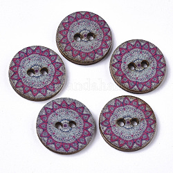 2 buche bottoni in legno stampato, piatta e rotonda con motivo floreale, undyed, rosso viola medio, 20x2.5~3mm, Foro: 2 mm