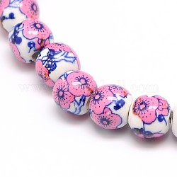 Handmade Flower Printed Porcelain Ceramic Beads Strands, Round, Hot Pink, 6mm, Hole: 2mm, about 60pcs/strand, 13 inch