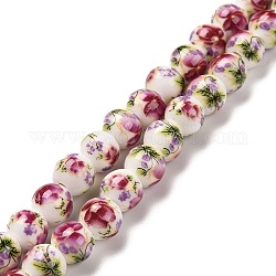 Chapelets de perles en céramique imprimées de fleurs manuelles, ronde, rose chaud, 8~8.5mm, Trou: 2mm, Environ 42 pcs/chapelet, 12.9 pouce ~ 13.3 pouces (33~34 cm)